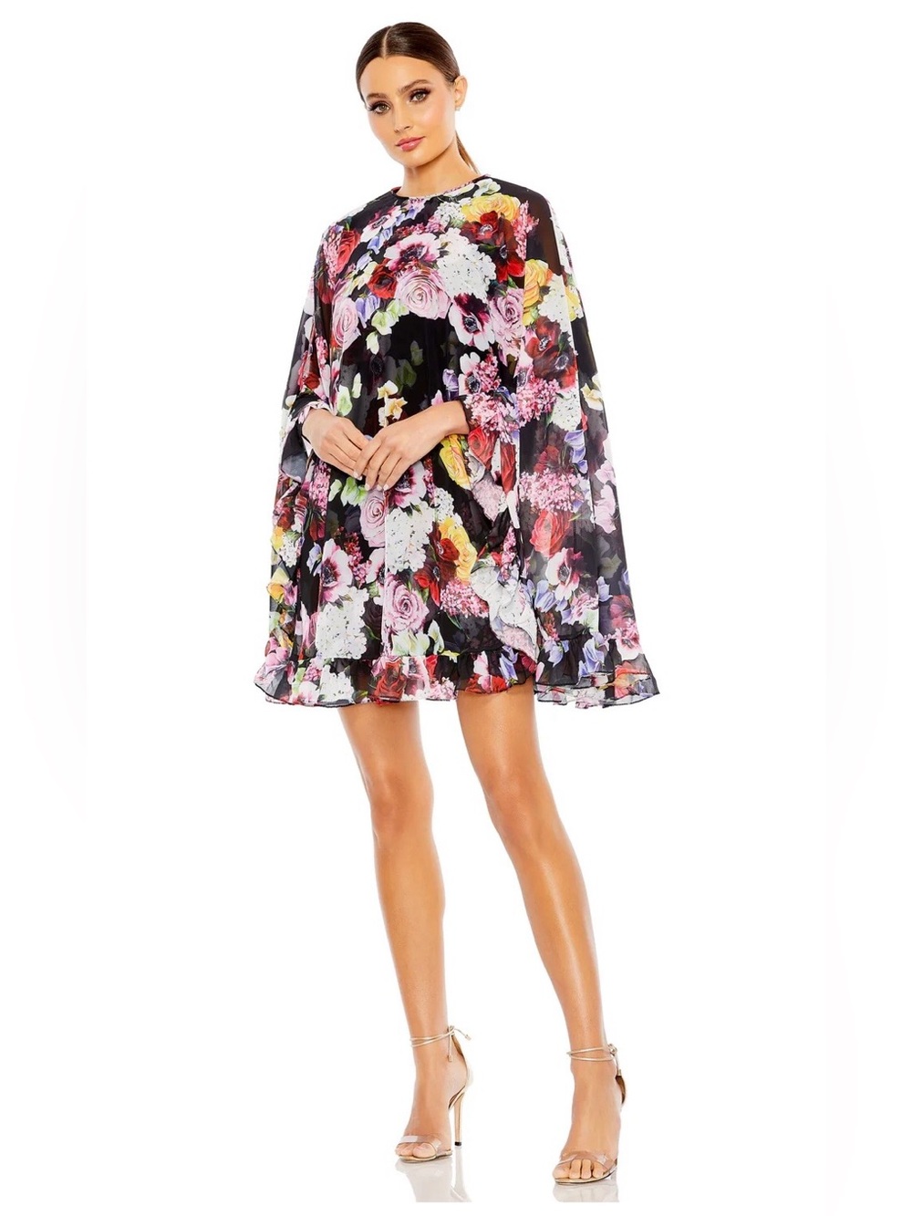 NWT leena for Mac Duggal Floral Print High Neck Ruffle Hem Cape Dress Size 2